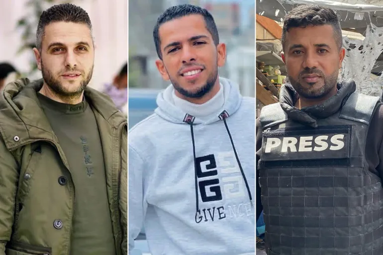 الصحفيون الشهداء من اليمين: عبدالرؤوف شعث وأنس غنيم ومحمد قشطة