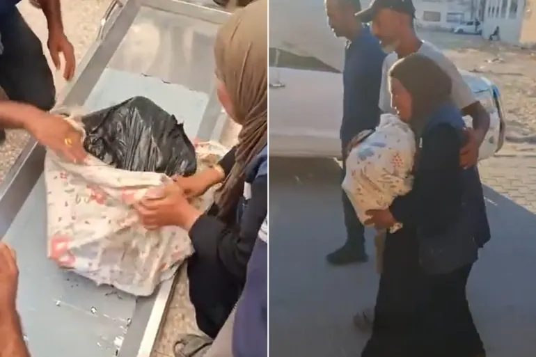 أم الشهيد محمد أبو خماش تحمل جثمان ابنها بيديها إلى المستشفى بعد أيام من استشهاده برصاص الاحتلال وتعذر انتشاله من شرق دير البلح (الصحافة الفلسطينية)