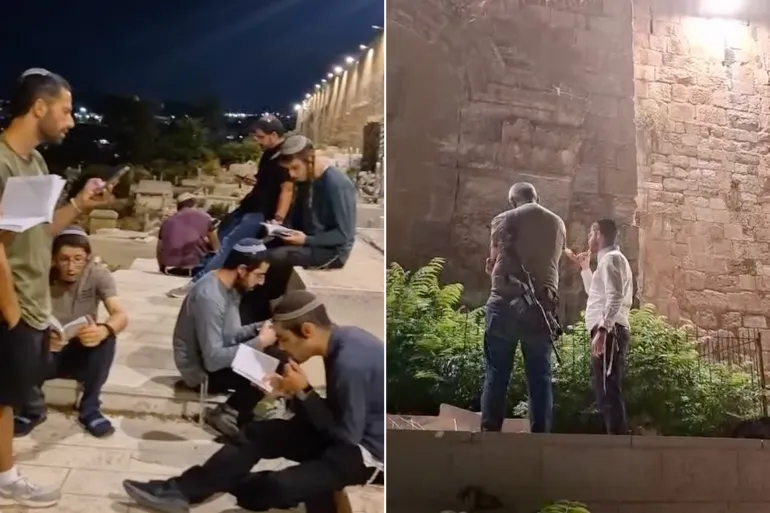 مستوطن ينفخ في "الشوفار" قرب باب الرحمة شرقي المسجد الأقصى بالتزامن مع إقامة صلوات وطقوس تلمودية في المنطقة (منصات التواصل)