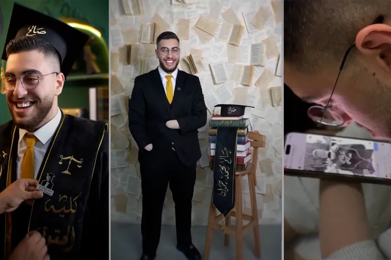 صالح حمدان المعروف بـ"فتى الزرقاء" بزيّ التخرج (وسط).. وبروش ميزان العدالة على ملابس التخرج (يسار).. ويتصفح هاتفه باستخدام وجهه (الجزيرة)